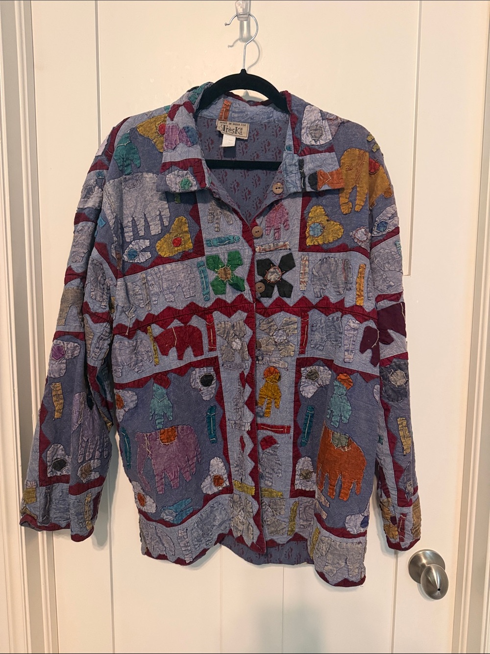 Treska Vintage 90s Elephant Patchwork Embroidered Multicolor Jean Jacket